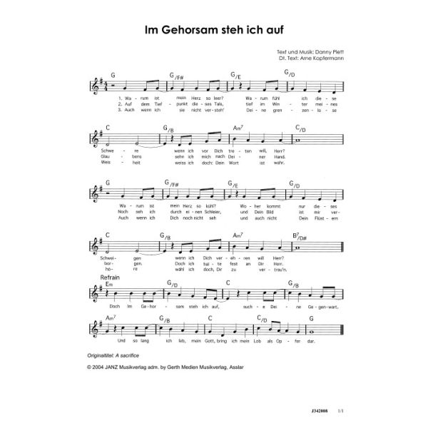 Produktbild des Artikels Im Gehorsam steh ich auf / A sacrifice (Noten - Download)